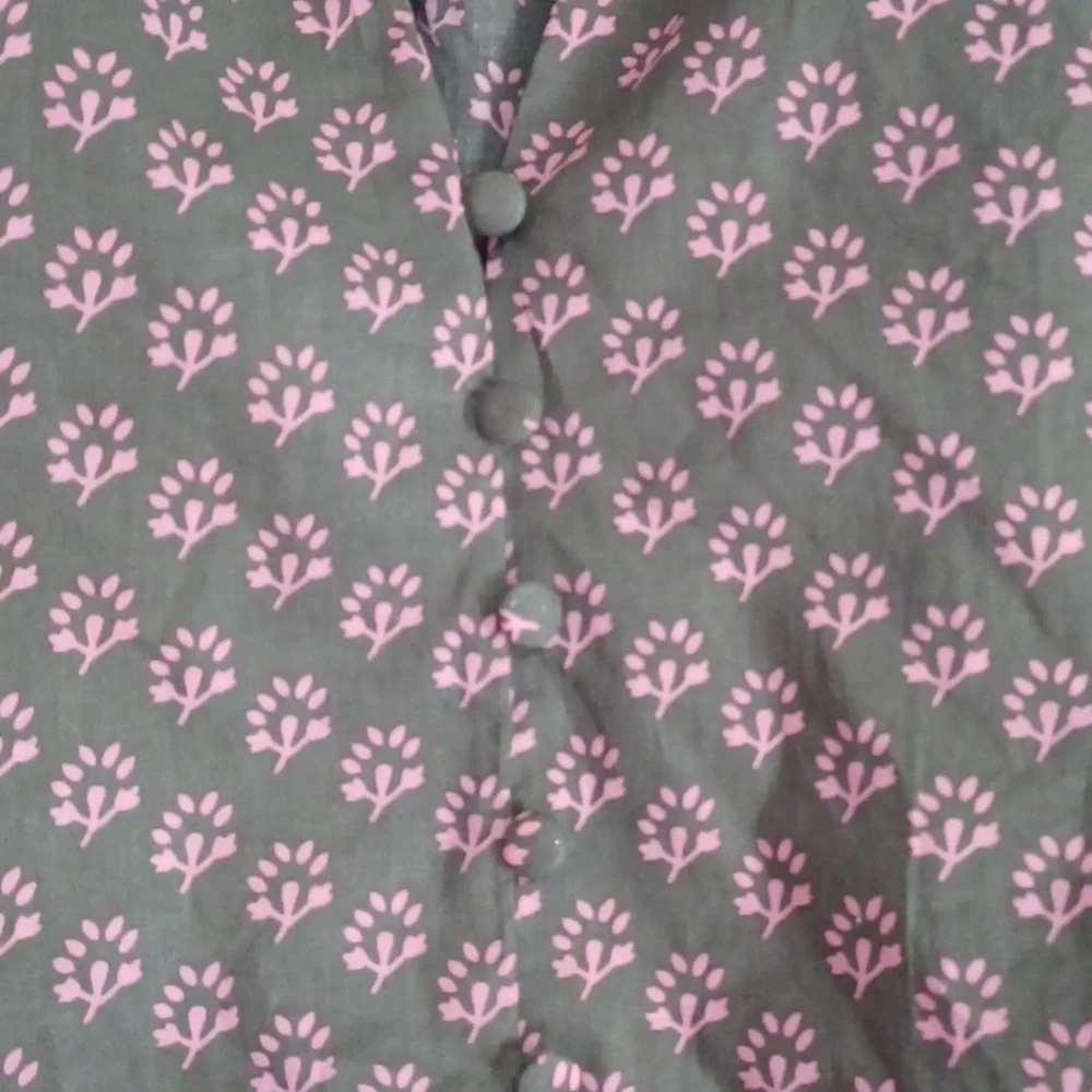 Avara Olive Green Pink Floral Long Balloon Sleeve Top, Split Neck Button Placket
